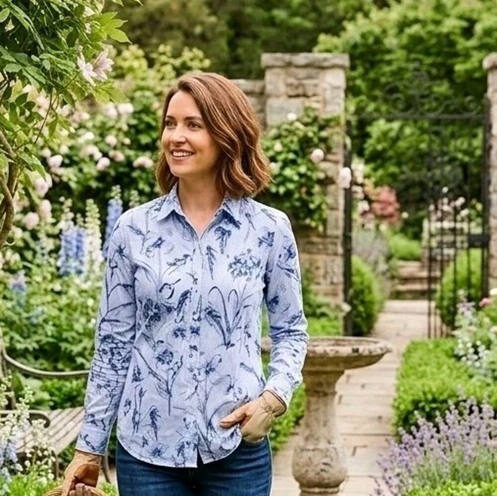 J. McLaughlin Lois Floral Voile Print Long Sleeve Button Shirt Blue White Size S